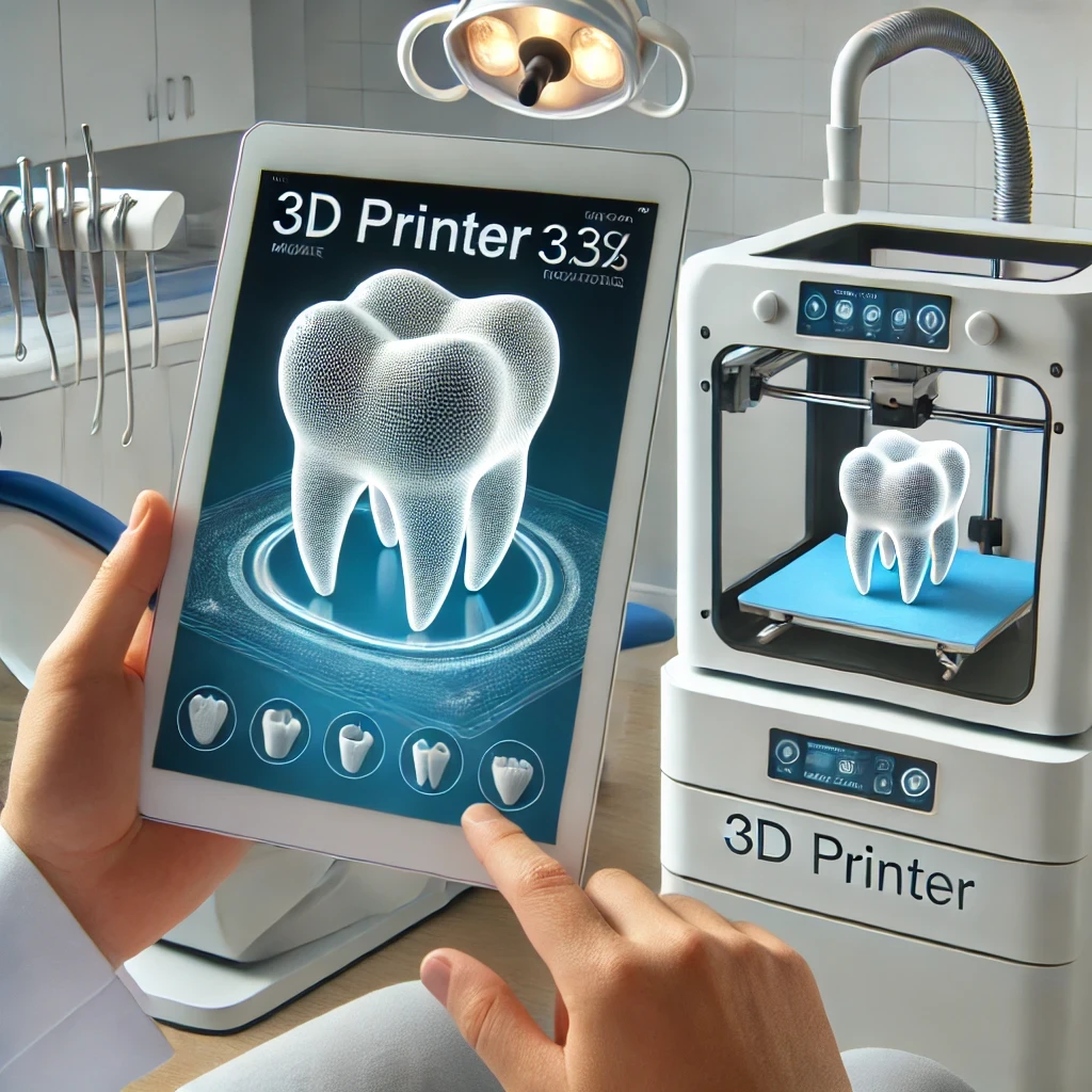 A high-tech dental office with a 3D printer creating a custom dental crown, showcasing modern dental technology and digital scanning.