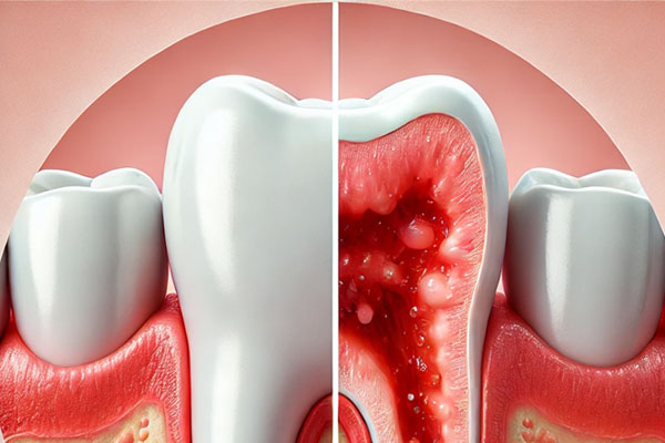 Comparison image of healthy gums and gums with periodontitis showing swelling, redness, and gum recession.