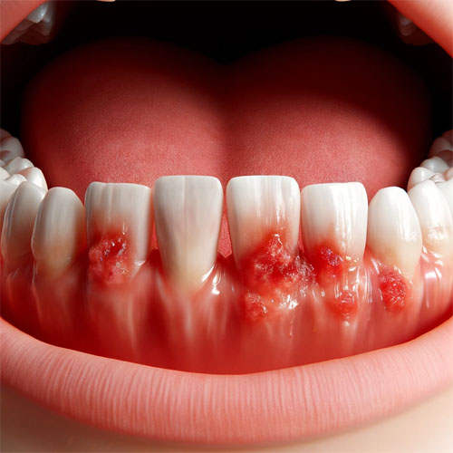  Close-up image displaying early signs of periodontitis with inflamed gums. The gums appear red, swollen, and tender with slight recession and bleeding at the gumline.