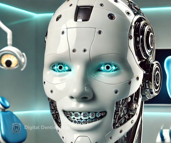 A futuristic robot wearing dental braces, set in a modern dental clinic.