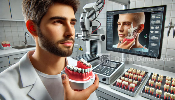 Dentist using an intraoral scanner with CAD-CAM technology in prosthodontics. A 3D model of teeth is shown on a screen, and a milling machine fabricates a prosthesis.