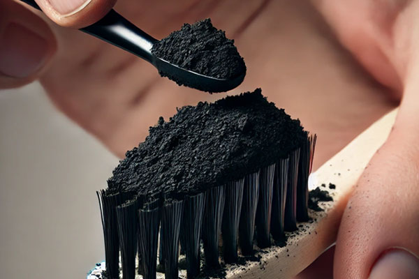 A close-up of a hand applying activated charcoal powder to the bristles of a toothbrush. The dark powder contrasts against the toothbrush, showcasing the absorbent properties of charcoal in oral care