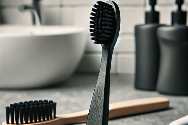 Charcoal toothbrush with black bristles next to regular toothbrushes on a bathroom counter