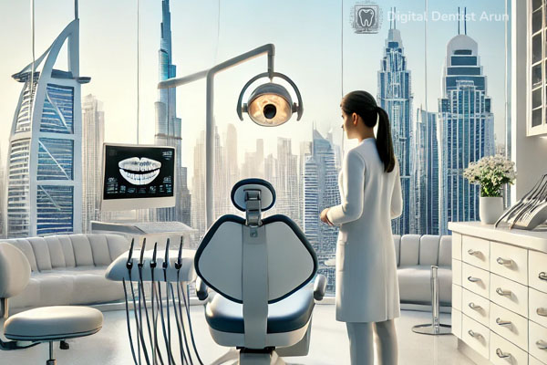 A realistic, modern dental clinic in Dubai with advanced dental equipment, clean white interiors, and professional staff welcoming international patients. The Dubai skyline, including the Burj Khalifa, is visible through the large windows, highlighting the clinic's location.