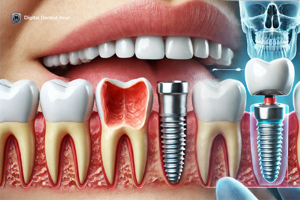 A detailed close-up image of a patient’s mouth with dental implants, showing the healing process with the jawbone fusing to the implant (osseointegration) and healthy gum tissue. To the side, there is an illustration of a dental crown being prepared to be applied over the implant in a clean clinical environment.