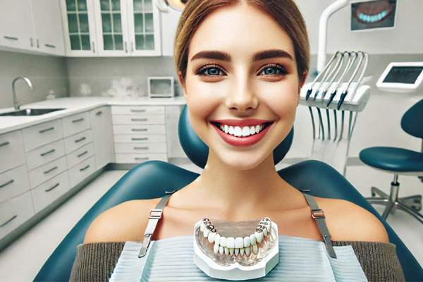 A smiling patient seated in a dental chair after receiving full mouth dental implants, with advanced equipment visible in a clean, modern dental clinic. The patient’s bright, natural-looking smile radiates confidence and satisfaction.