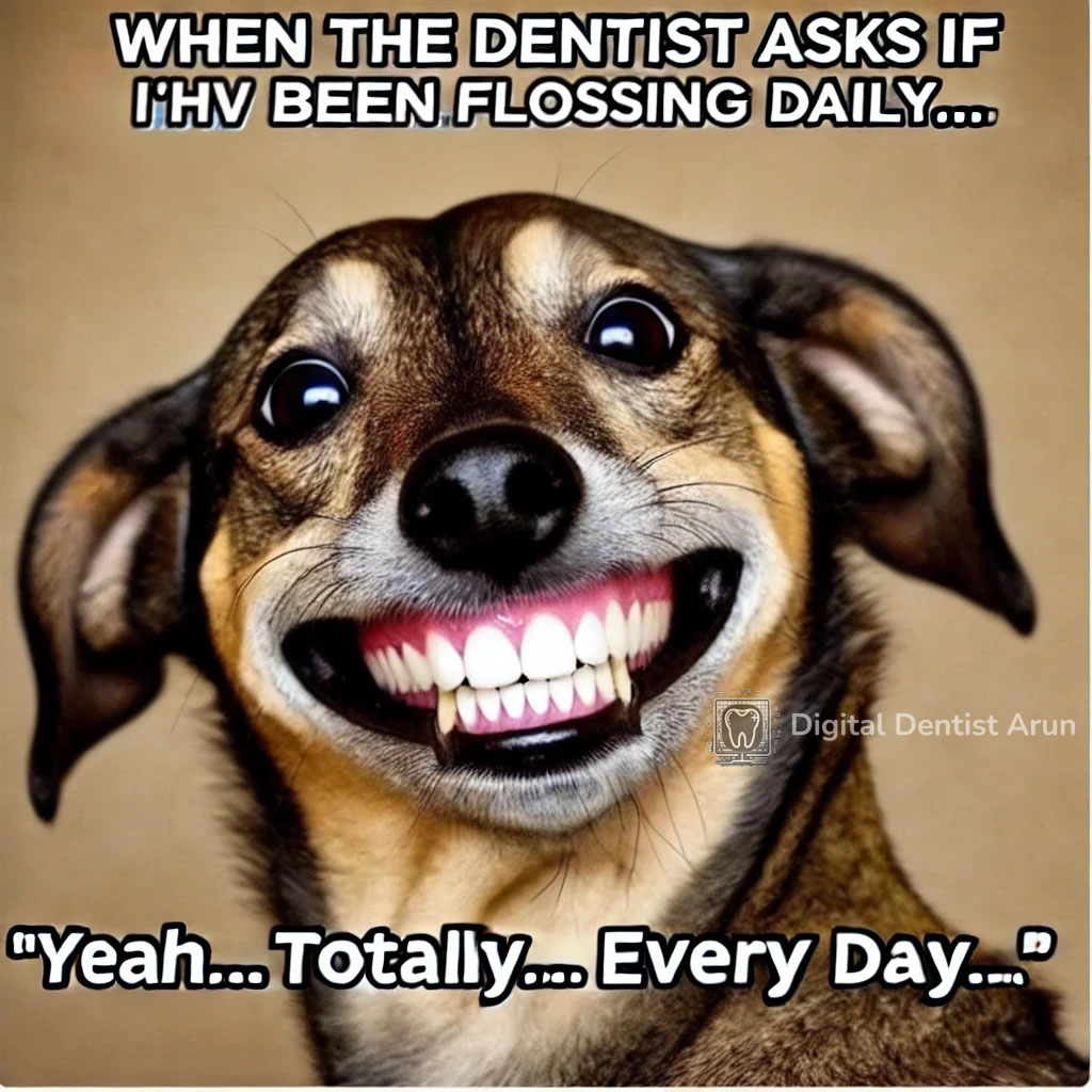 A funny image of a dog with a nervous wide smile, showing its teeth. The top text reads 'I'hv been flossing, I swear!' in bold meme font