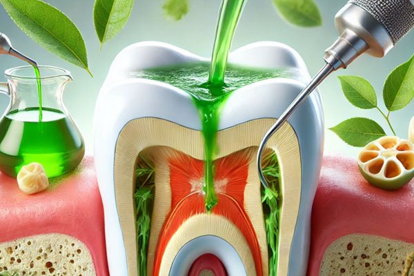 An image of root canal therapy showing the application of herbal irrigants like neem, green tea, and Triphala, with green liquid entering the tooth's root canal. Surrounding the tooth are neem leaves, tea leaves, and Triphala fruits, symbolizing the natural ingredients used in the procedure