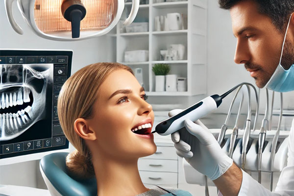 Dentist using an intraoral scanner in a bright, modern dental clinic with a computer showing a 3D image of the patient's teeth.