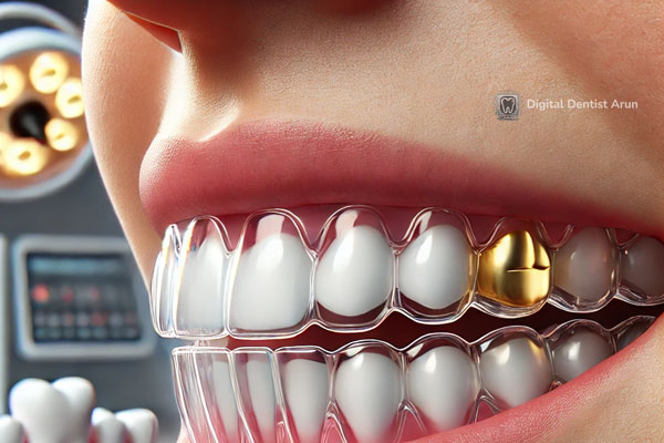 image showing Invisalign clear aligners fitted over both natural teeth and a visible gold dental crown.