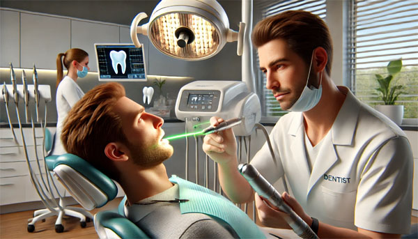 Realistic scene of a dentist using a laser to treat a patient's cavity, with modern dental equipment in a calming environment.