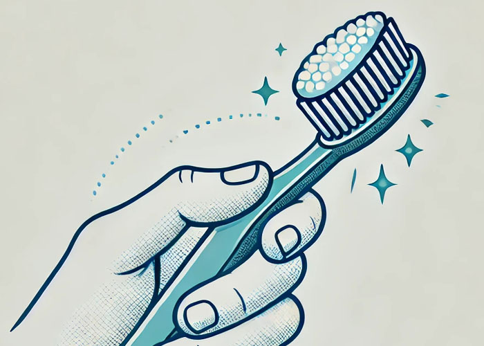 Illustration of a manual toothbrush with soft bristles, a small head, and an ergonomic handle being used to brush teeth, showing the correct brushing technique for optimal oral health.