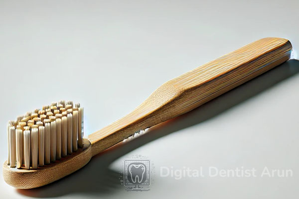 A natural toothbrush with a smooth bamboo handle and soft, light brown bristles made from biodegradable plant-based fibers, placed on a clean white surface with a minimalist background