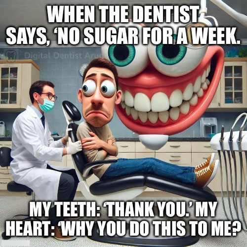 A funny image of a person staring sadly at their favorite dessert, conveying a longing expression. The meme reflects the internal conflict between maintaining dental health and indulging in sweet treats, with a humorous take on the battle between the teeth and the heart.

