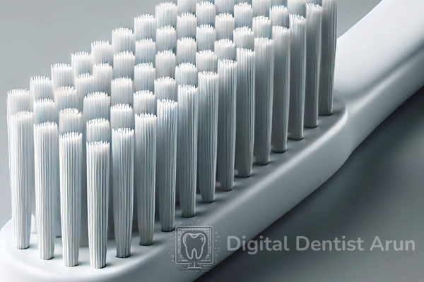 A realistic modern toothbrush featuring soft, densely packed white nylon bristles on a sleek plastic handle, placed on a neutral, clean surface.