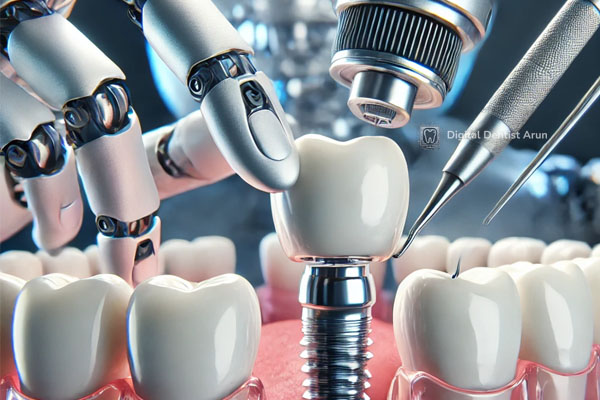 A close-up view of a dental implant procedure with a futuristic dental robot assisting. The robot's precise arms are positioning a metallic implant screw into the patient's gum, showcasing advanced robotic technology in a modern clinical setting.