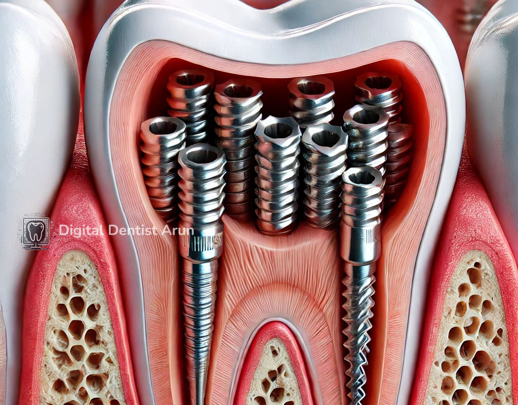 A detailed view of a tooth during a root canal procedure, showing K files creating a glide path and H files shaping the canal walls and removing debris. The tooth is cut open to reveal the root canals, highlighting the anatomy and metal dental tools inside the tooth's canal system