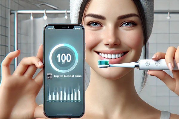 A realistic image of a woman brushing her teeth with a smart toothbrush while holding a smartphone displaying a dial showing "daily RPM." The background is clean and minimalistic, emphasizing the interaction with smart technology and dental health.