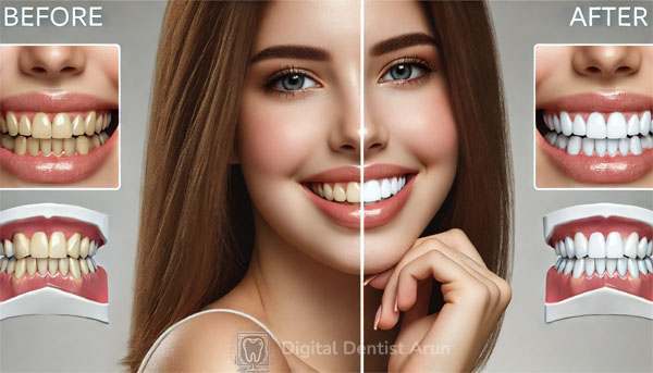 Beautiful young woman smiling confidently, showing the before and after results of a teeth whitening procedure.