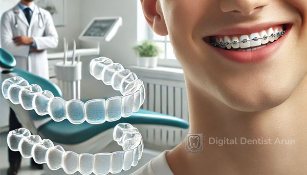 A clean and professional dental setup showcasing modern braces alternatives, including clear aligners, with a confident person smiling with straight teeth in a bright environment