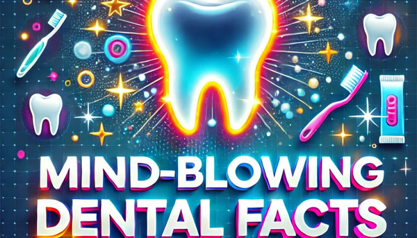 Poster titled 'Mind-Blowing Dental Facts' with a glowing tooth centerpiece surrounded by dental icons like toothbrushes, toothpaste, and floss, set against a gradient blue and white background with sparkling accents and bold, colorful text.