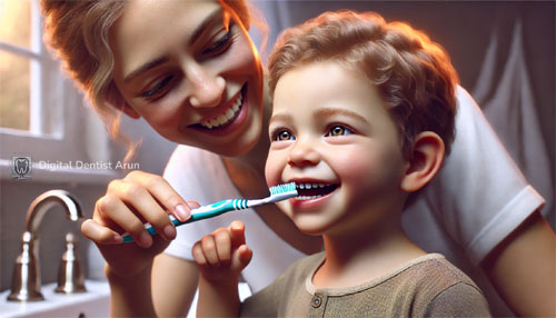 A close-up of a mother helping her smiling toddler brush their teeth, with realistic, lifelike expressions. The scene is warmly lit, emphasizing a nurturing bond and early dental care.